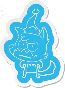 cartoon  sticker of a annoyed fox wearing santa hat vector
