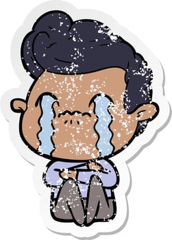 distressed sticker of a cartoon man crying vector