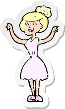retro distressed sticker of a cartoon woman with raised arms vector