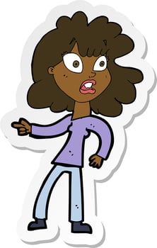 sticker of a cartoon worried woman pointing vector