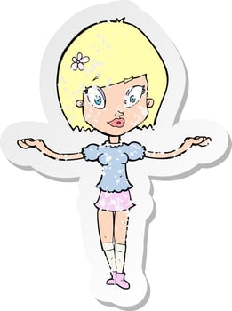 retro distressed sticker of a cartoon woman making balancing gesture vector