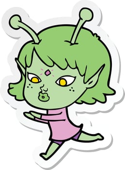 sticker of a pretty cartoon alien girl vector