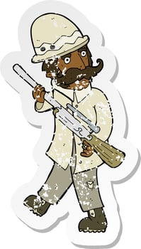 retro distressed sticker of a cartoon big game hunter vector