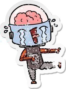 distressed sticker of a cartoon crying robot pointing vector