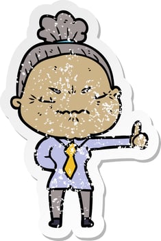 distressed sticker of a cartoon annoyed old lady vector