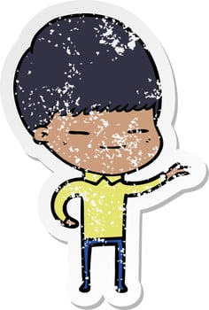 distressed sticker of a cartoon smug boy vector
