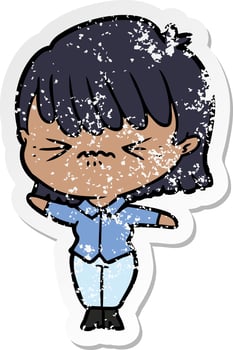 distressed sticker of a annoyed cartoon girl vector