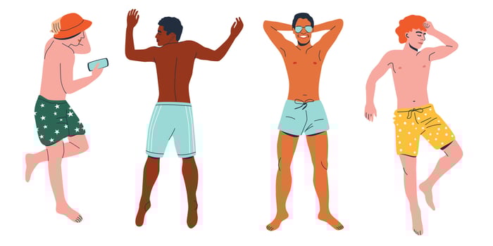 A set of males lying on a beach in swimsuits, isolated on white background. Collection of millennial guys getting suntanned. Mens swimwear fashion. Relaxing at seaside. vector