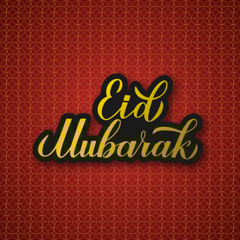 Eid Mubarak calligraphy hand lettering on red and gold Arabic pattern background. Muslim holy month typography poster. Easy to edit vector template for Islamic banner, greeting card, flyer, invitation