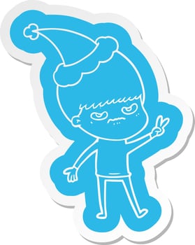 annoyed cartoon  sticker of a boy wearing santa hat vector