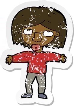 retro distressed sticker of a cartoon girl looking upwards vector