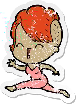 distressed sticker of a cartoon happy hipster girl vector