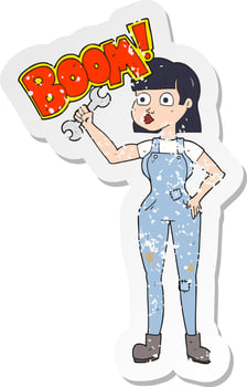 retro distressed sticker of a cartoon mechanic woman vector