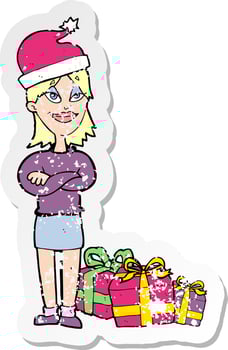 retro distressed sticker of a cartoon woman ready for christmas vector