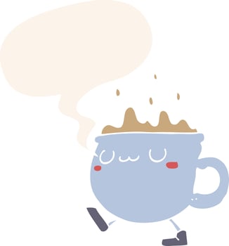 cartoon coffee cup walking and speech bubble in retro style vector