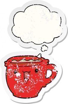 cute cartoon coffee cup and thought bubble as a distressed worn sticker vector