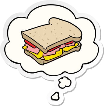 cartoon ham sandwich and thought bubble as a printed sticker vector