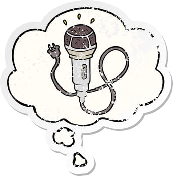 cartoon microphone and thought bubble as a distressed worn sticker vector