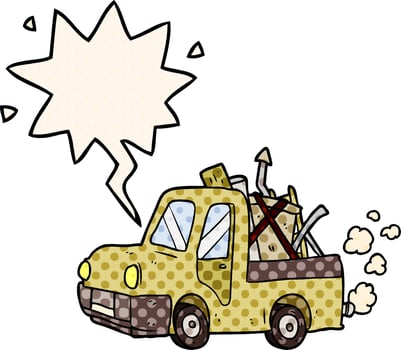cartoon old truck full of junk and speech bubble in comic book style vector
