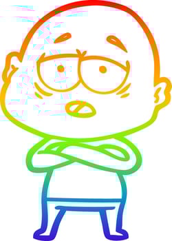rainbow gradient line drawing cartoon tired bald man vector