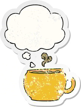 cartoon coffee cup and thought bubble as a distressed worn sticker vector