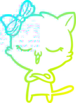 cold gradient line drawing cartoon cat with bow on head vector