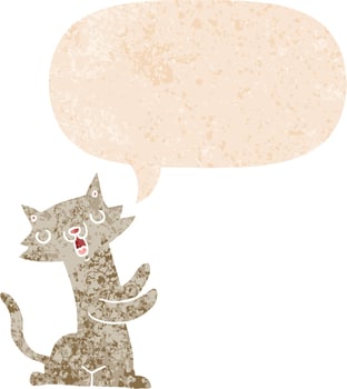 cartoon cat and speech bubble in retro textured style vector