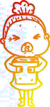 warm gradient line drawing cartoon angry old woman vector