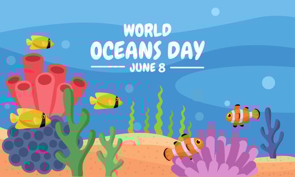 Vector illustration, underwater scenery with corals and fish, as banner or poster for world ocean day.