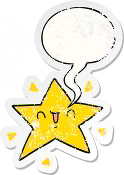 cartoon happy star and speech bubble distressed sticker vector