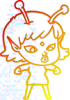 warm gradient line drawing pretty cartoon alien girl vector