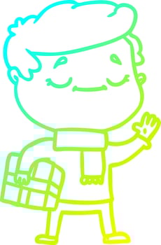 cold gradient line drawing cartoon man carrying christmas present waving vector
