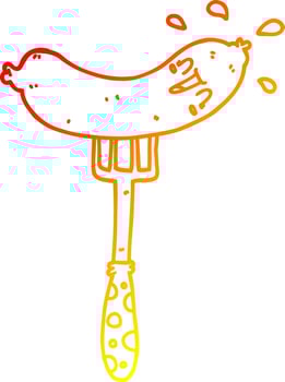 warm gradient line drawing cartoon happy sausage on fork vector