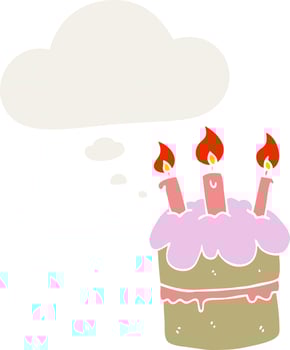 cartoon birthday cake and thought bubble in retro style vector