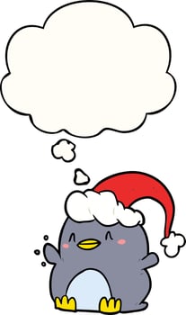 cartoon penguin wearing christmas hat and thought bubble vector