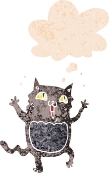 cartoon crazy excited cat and thought bubble in retro textured style vector