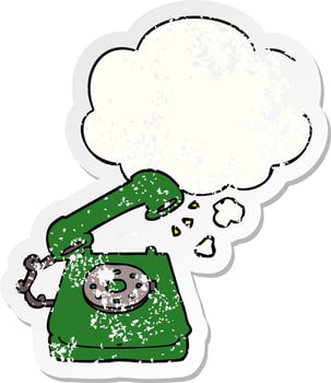 cartoon old telephone and thought bubble as a distressed worn sticker vector