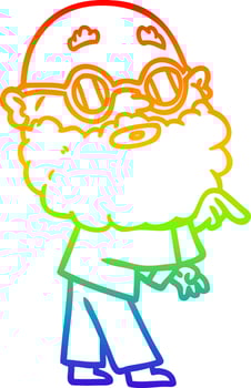 rainbow gradient line drawing cartoon curious man with beard and glasses vector