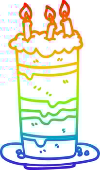 rainbow gradient line drawing cartoon birthday cake vector