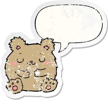 cute cartoon bear and speech bubble distressed sticker vector