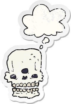cartoon spooky skull and thought bubble as a distressed worn sticker vector
