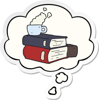 cartoon books and coffee cup and thought bubble as a printed sticker vector