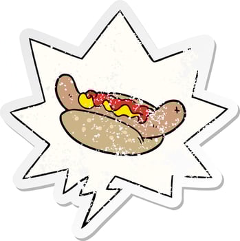 cartoon fresh tasty hot dog and speech bubble distressed sticker vector