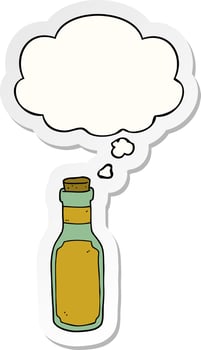 cartoon potion bottle and thought bubble as a printed sticker vector