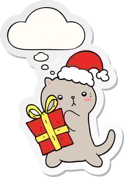 cute cartoon cat carrying christmas present and thought bubble as a printed sticker vector