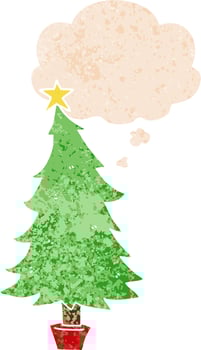 cartoon christmas tree and thought bubble in retro textured style vector