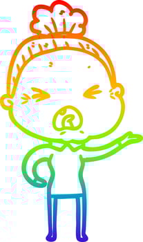 rainbow gradient line drawing cartoon angry old woman vector