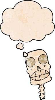 cartoon spooky skull and thought bubble in grunge texture pattern style vector