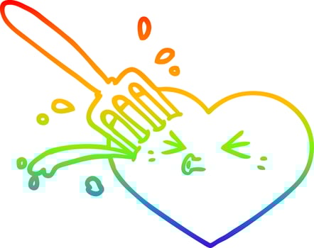 rainbow gradient line drawing cartoon love heart stuck with fork vector