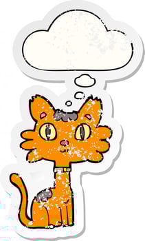 cartoon cat and thought bubble as a distressed worn sticker vector